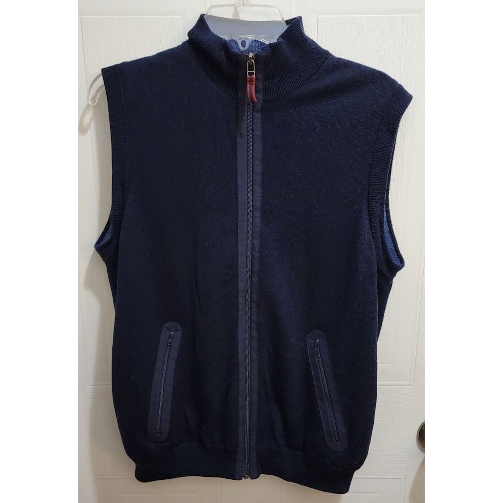 Talbots Mens Navy Blue Sleeveless Vest With Pockets Pima Cotton Full Zip Casual